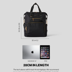Black backpack with measurements and laptop compatibility details on a white background