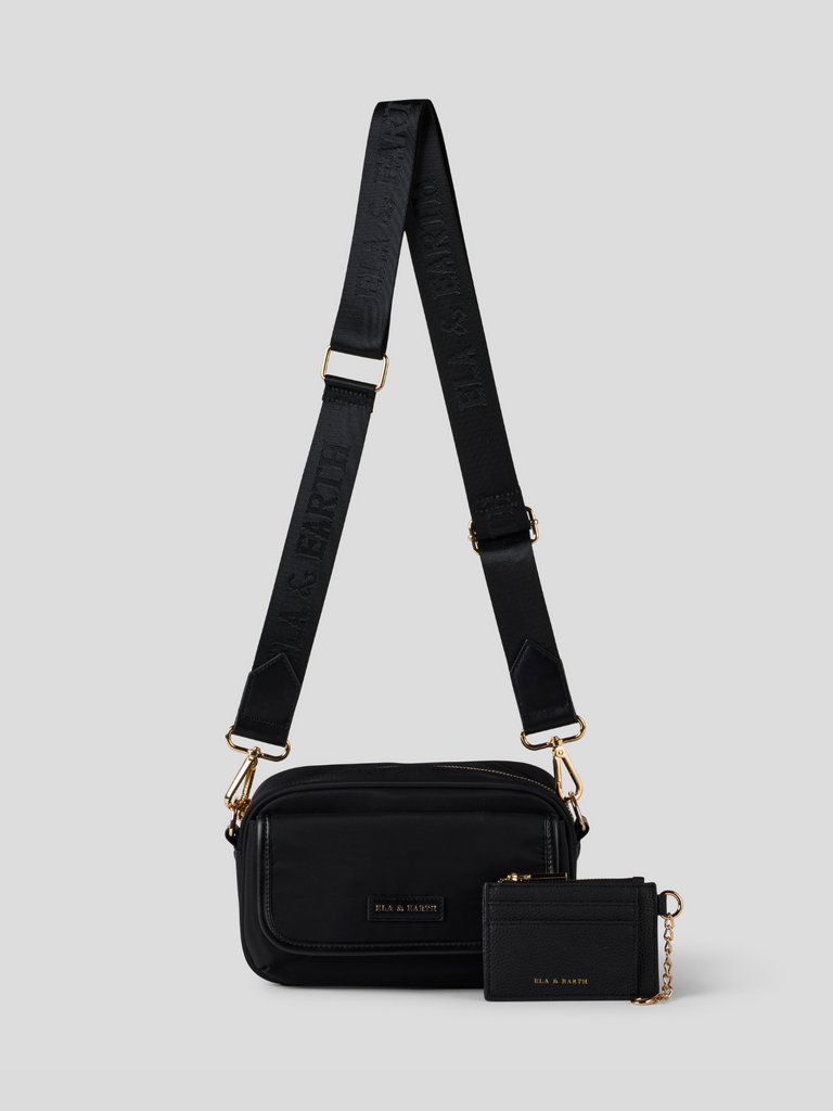 Crossbody Bag & Card Wallet Set - black and gold