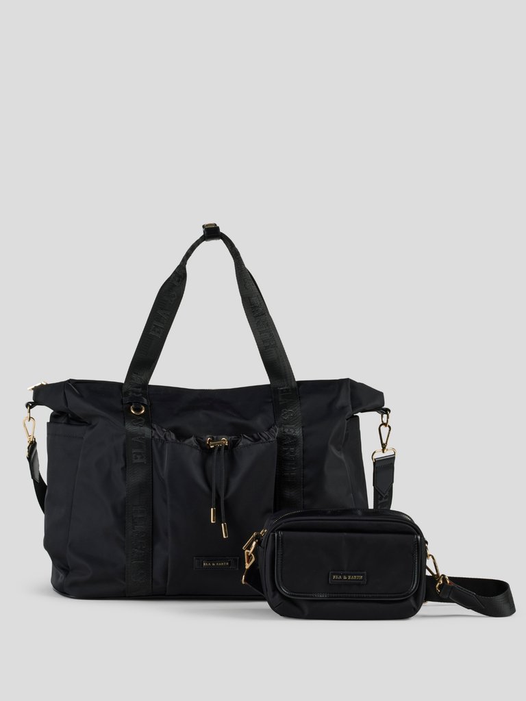 Overnight Tote & Crossbody Bag Set - Black With Gold 