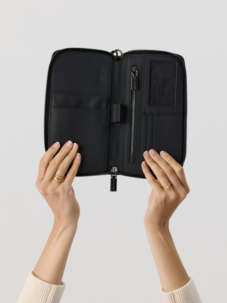 Compact Single Passport Wallet - Black With Gunmetal 