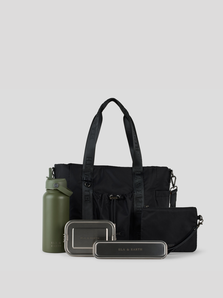 Ultimate Medium Tote Bag Set -  Black With Gunmetal  / Green 