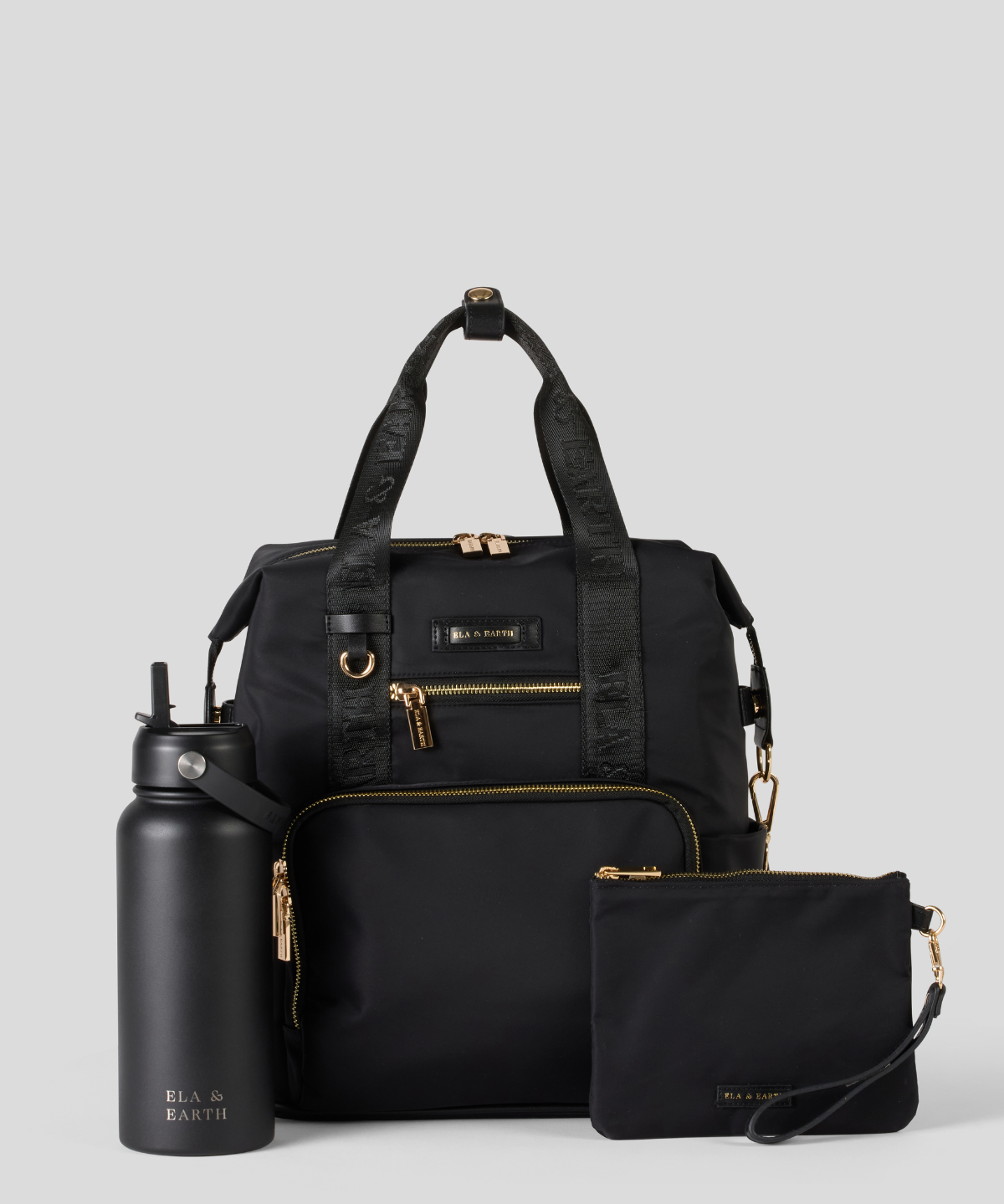 Bundle including , medium Backpack and small pouch with a water bottle on a light gray background.