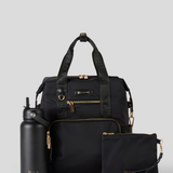 Bundle including , medium Backpack and small pouch with a water bottle on a light gray background.