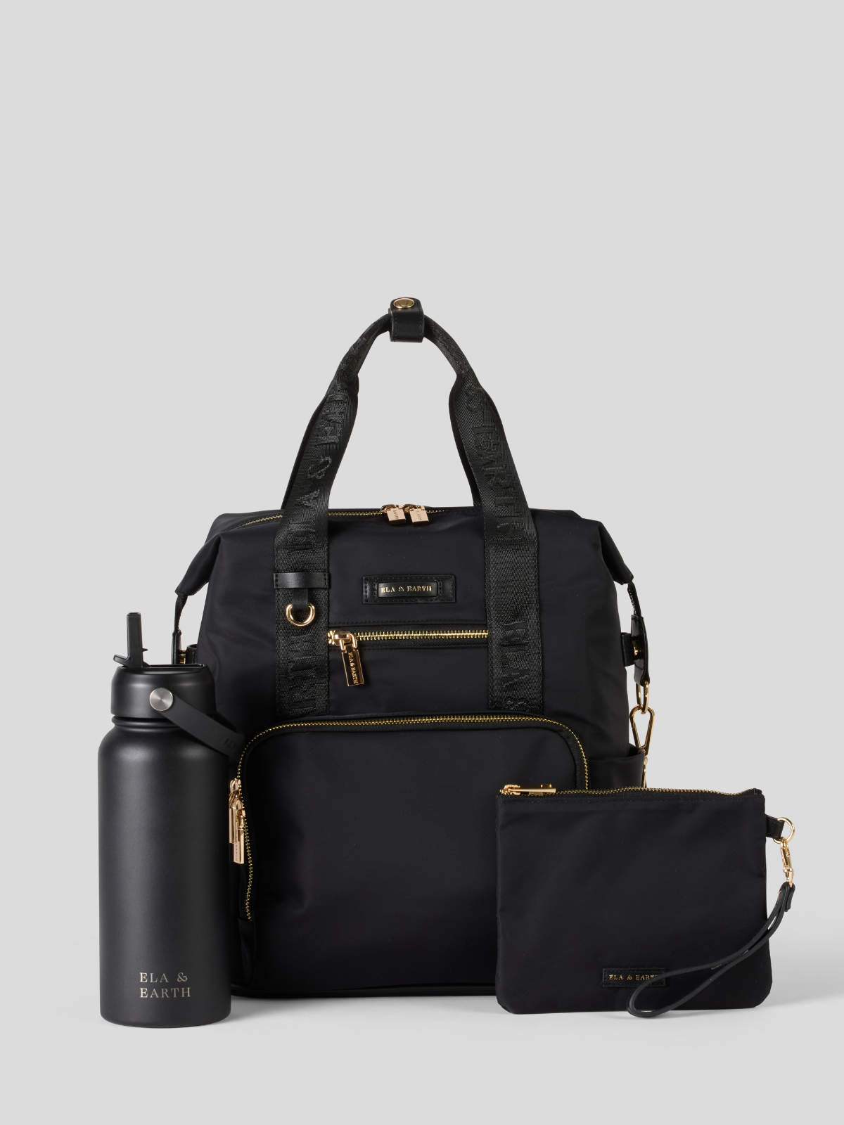Bundle including , medium Backpack and small pouch with a water bottle on a light gray background.