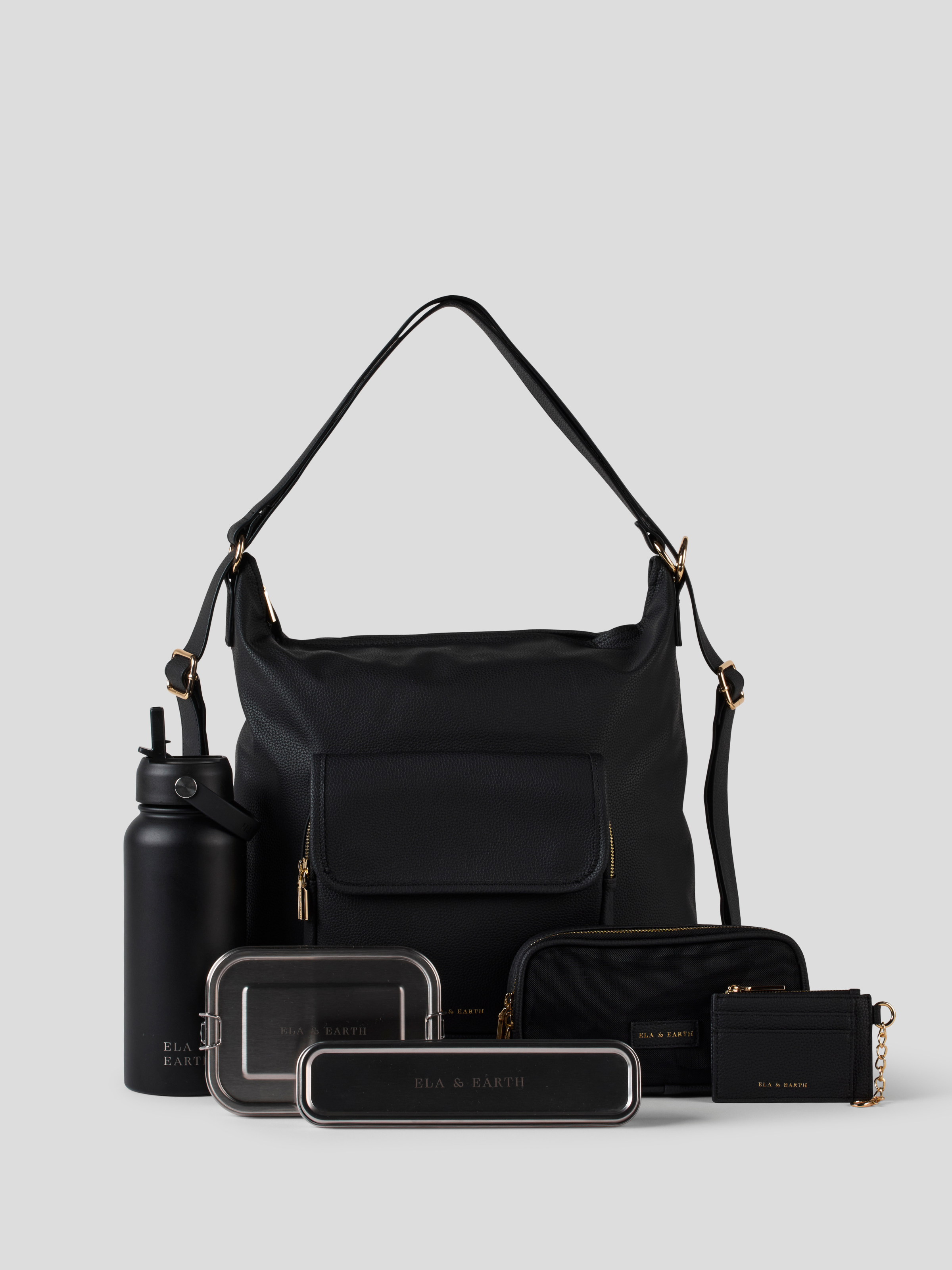 Convertible Backpack, Black Water Bottle,  800ml bento box, travel case, Card & Coin and cutlery set 