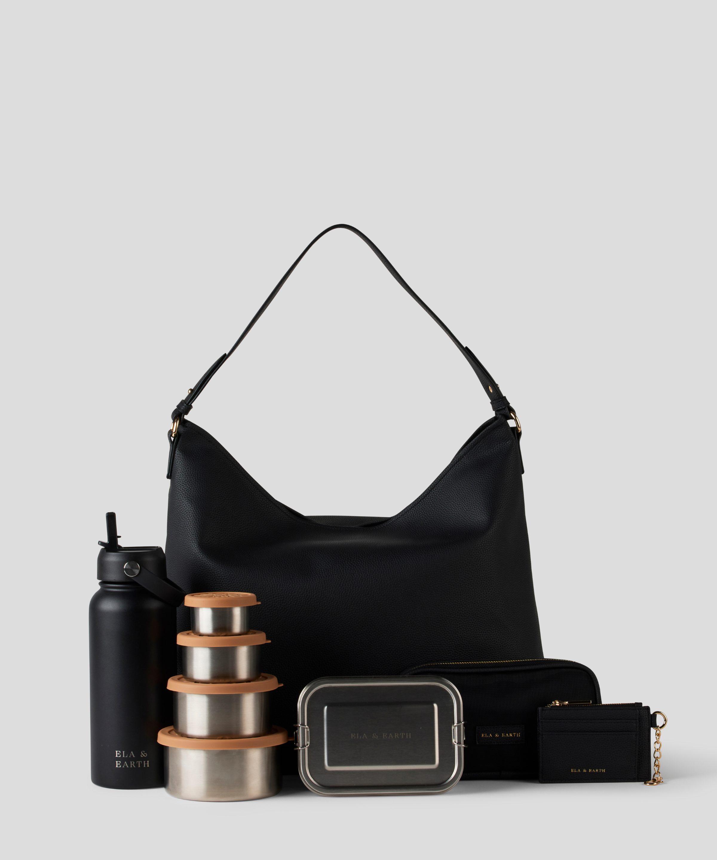 Convertible Backpack, Black Water Bottle,  800ml bento box, travel case, Card & Coin and Biscuit Nesting Container 