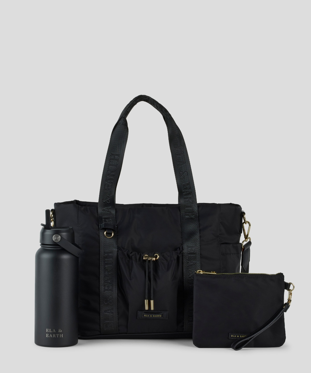 Black With Gold, Medium Pouch and Black Water Bottle