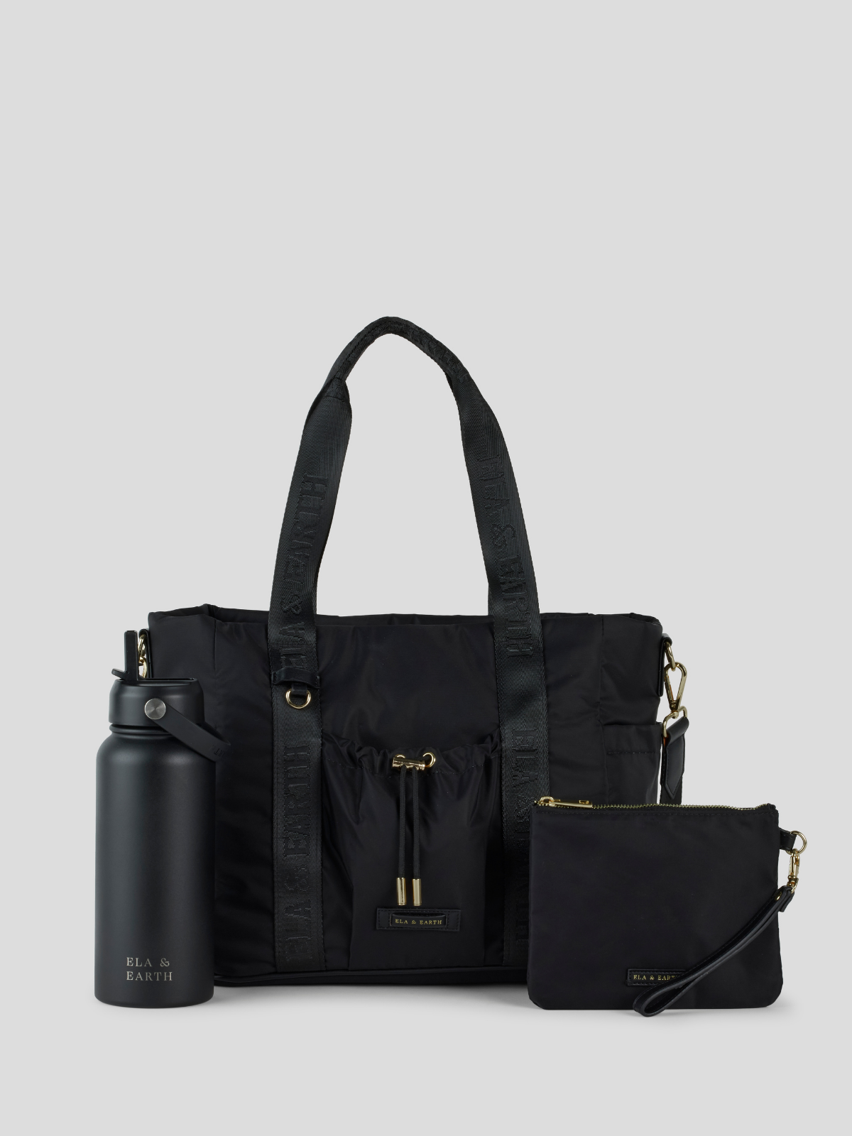 Black With Gold, Medium Pouch and Black Water Bottle