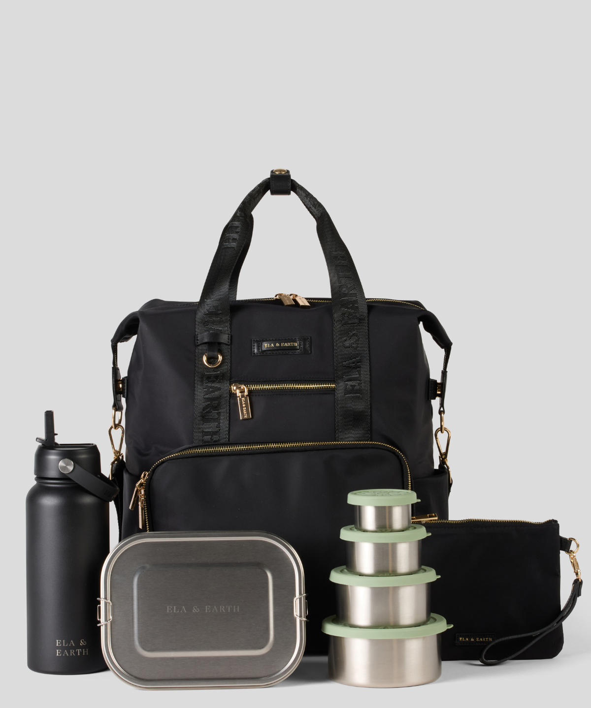 Black backpack with travel accessories including a water bottle, lunch box, and containers on a light gray background