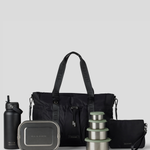 Black Tote Bag, Black Water Bottle, 1400ml lunch box, Sage Green. Nesting Container and Medium Pouch 