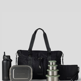 Black Tote Bag, Black Water Bottle, 1400ml lunch box, Sage Green. Nesting Container and Medium Pouch 