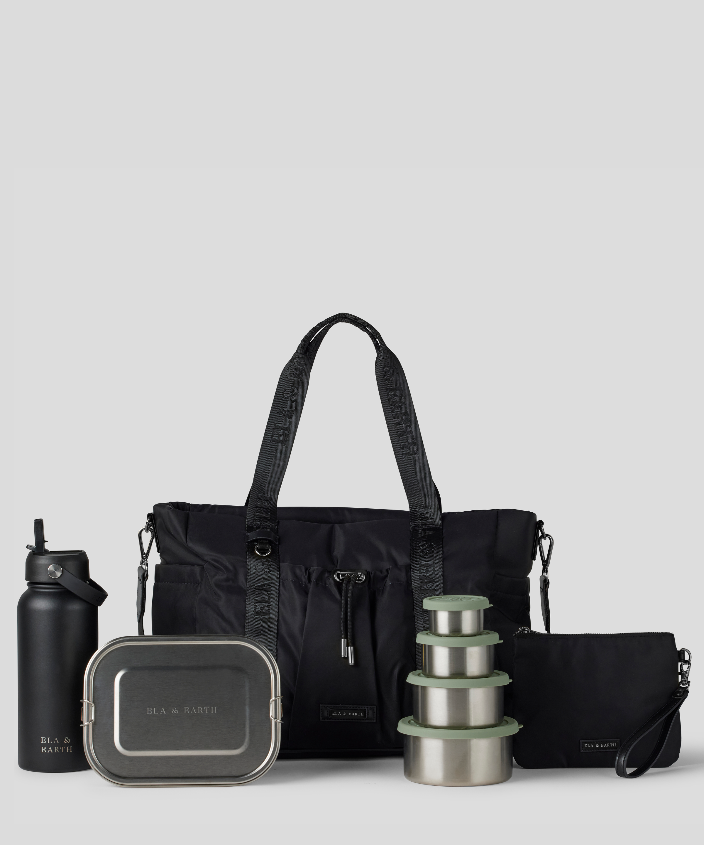 Black Tote Bag, Black Water Bottle, 1400ml lunch box, Sage Green. Nesting Container and Medium Pouch 