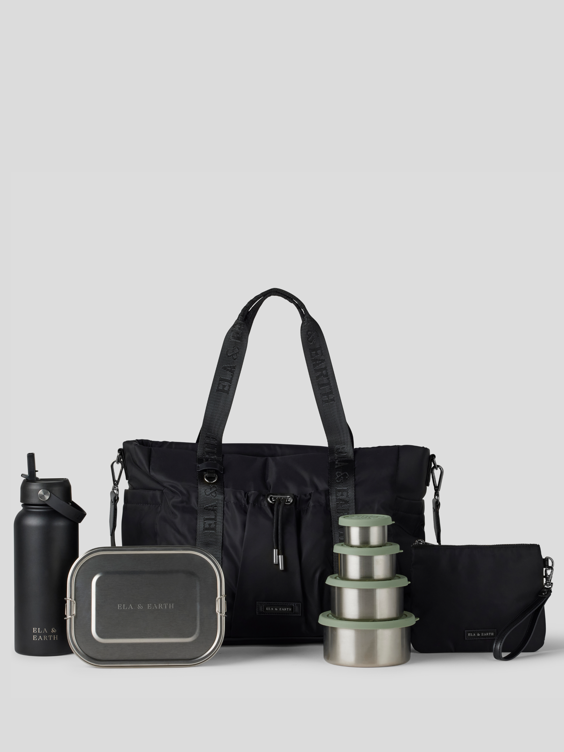 Black Tote Bag, Black Water Bottle, 1400ml lunch box, Sage Green. Nesting Container and Medium Pouch 