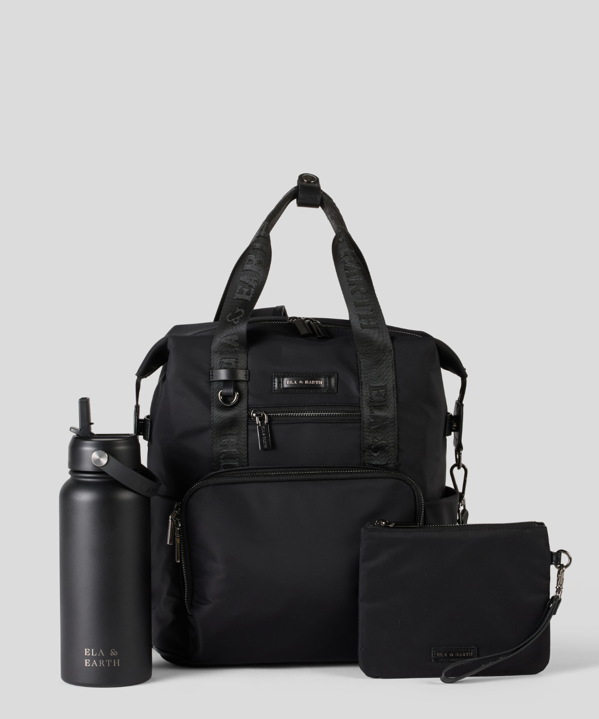 Black backpack, water bottle, and pouch on a light gray background