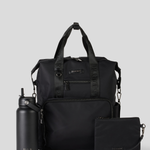 Black Backpack with a smaller pouch and water bottle on a light gray background