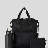 Black Backpack with a smaller pouch and water bottle on a light gray background