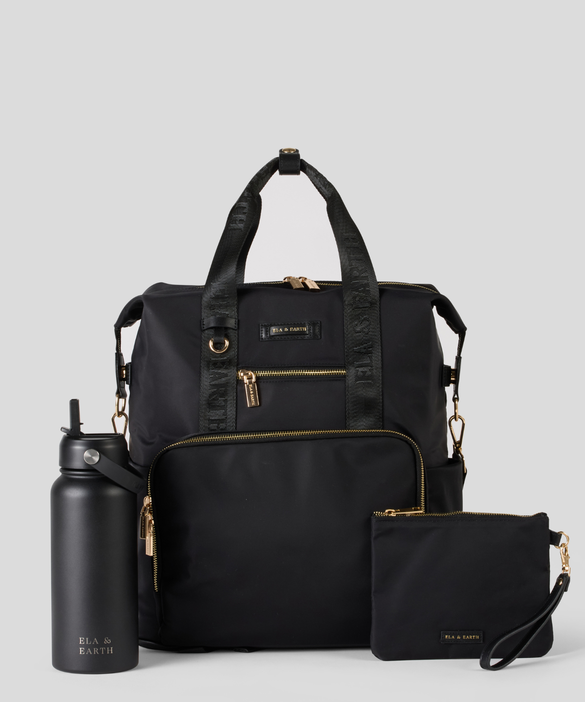 Black Backpack with matching water bottle and pouch on a light gray background