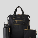 Black Backpack with matching water bottle and pouch on a light gray background