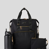 Black Backpack with matching water bottle and pouch on a light gray background