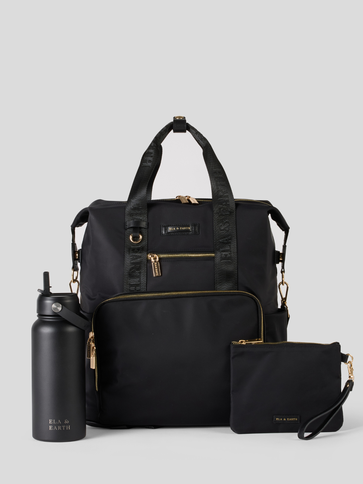 Black Backpack with matching water bottle and pouch on a light gray background