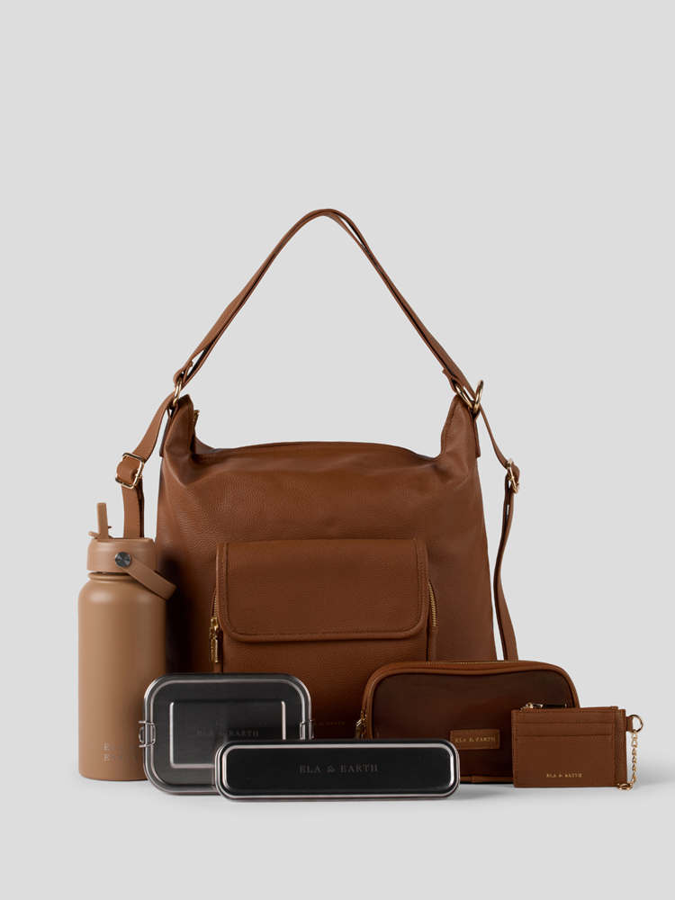 Convertible Backpack, Biscuit Water Bottle, Travel case, Card and Coin, Cutlery Set and 800ml Bento Box. 