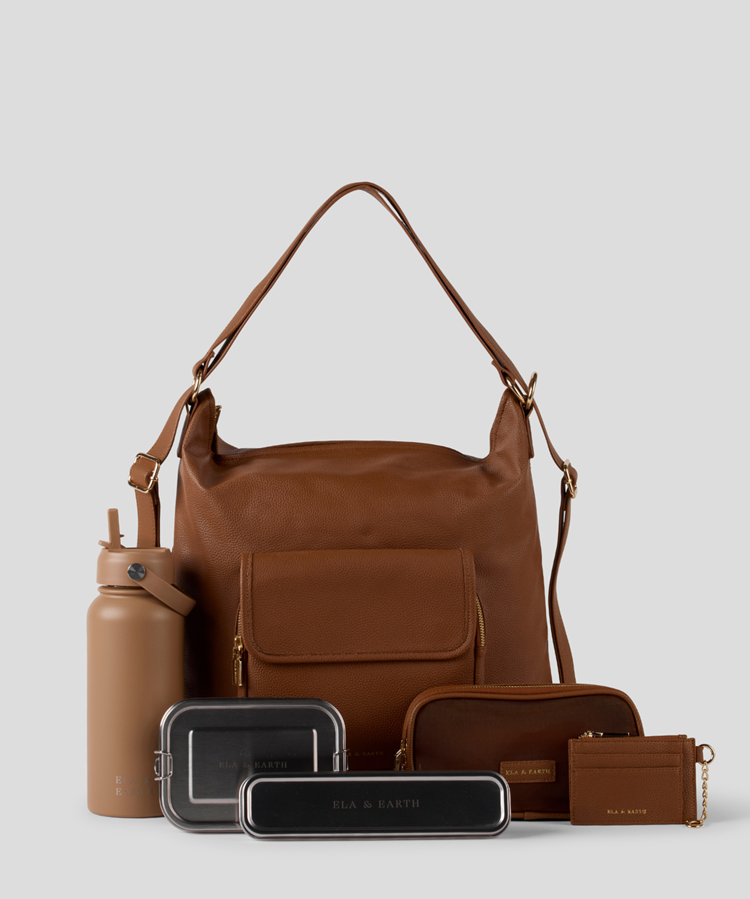 Convertible Backpack, Biscuit Water Bottle, Travel case, Card and Coin, Cutlery Set and 800ml Bento Box. 