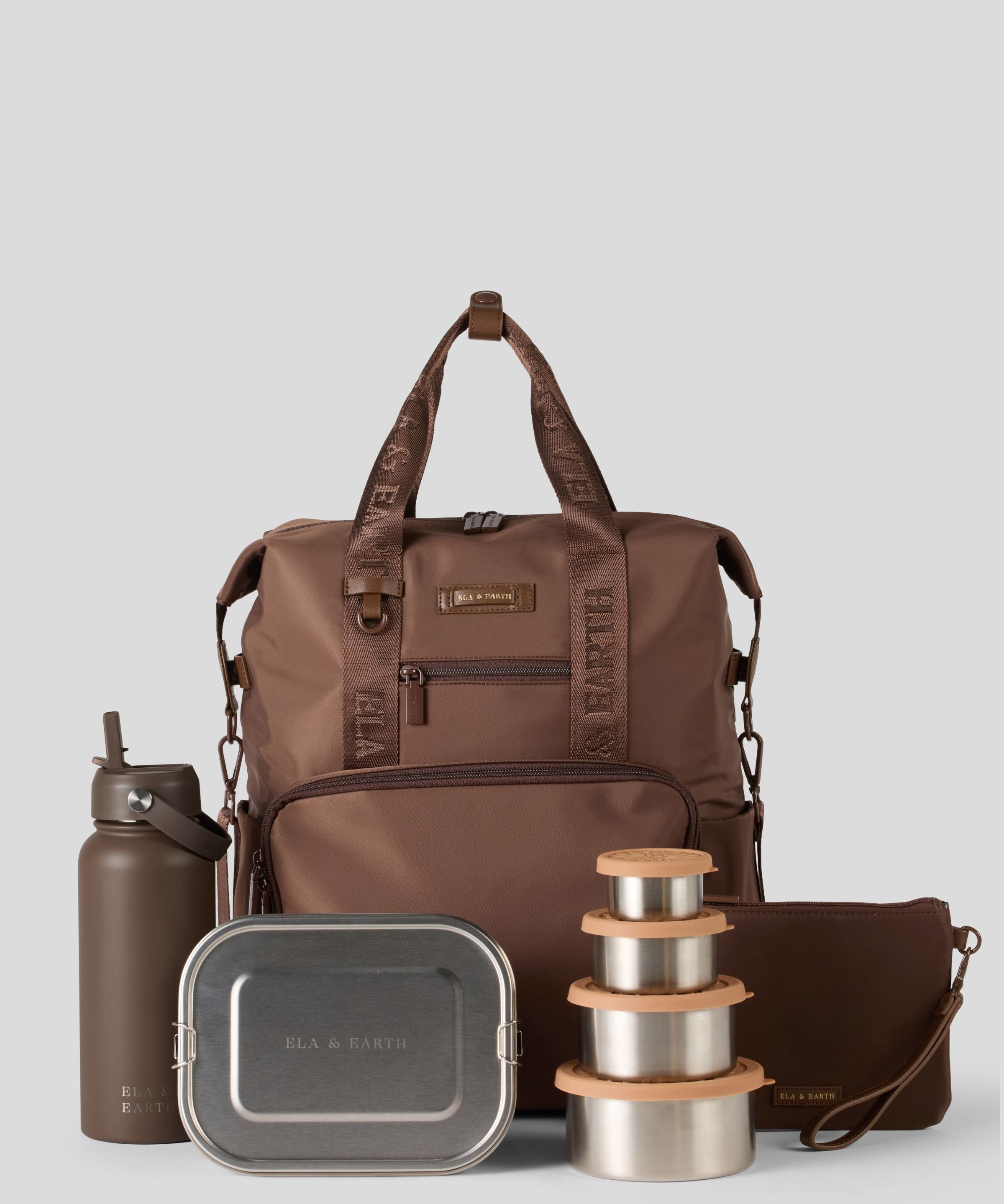 Cocoa backpack with water bottle, lunch box, and containers on a light gray background