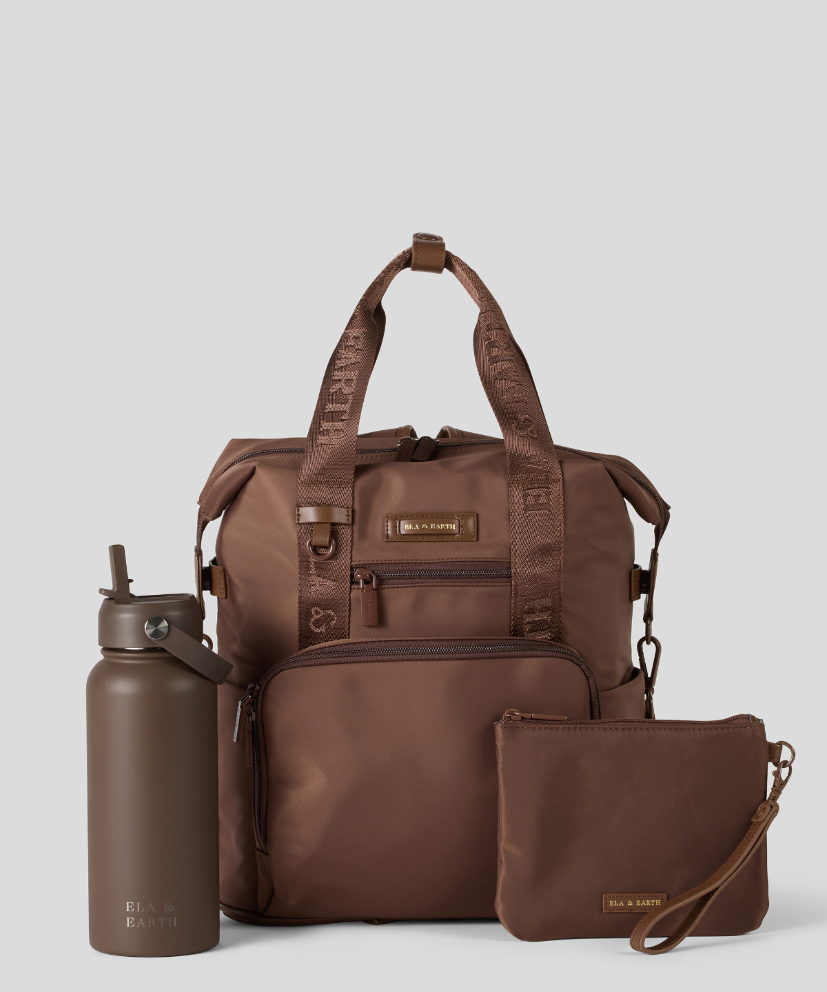 Cocoa Backpack with matching water bottle and pouch on a light gray background