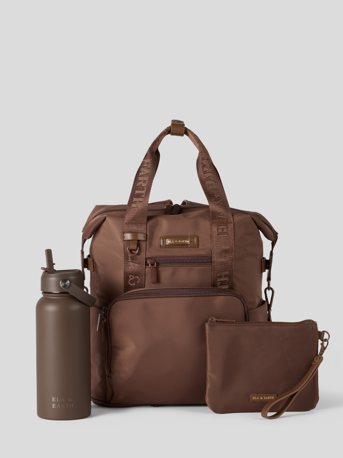Cocoa Backpack with matching water bottle and pouch on a light gray background