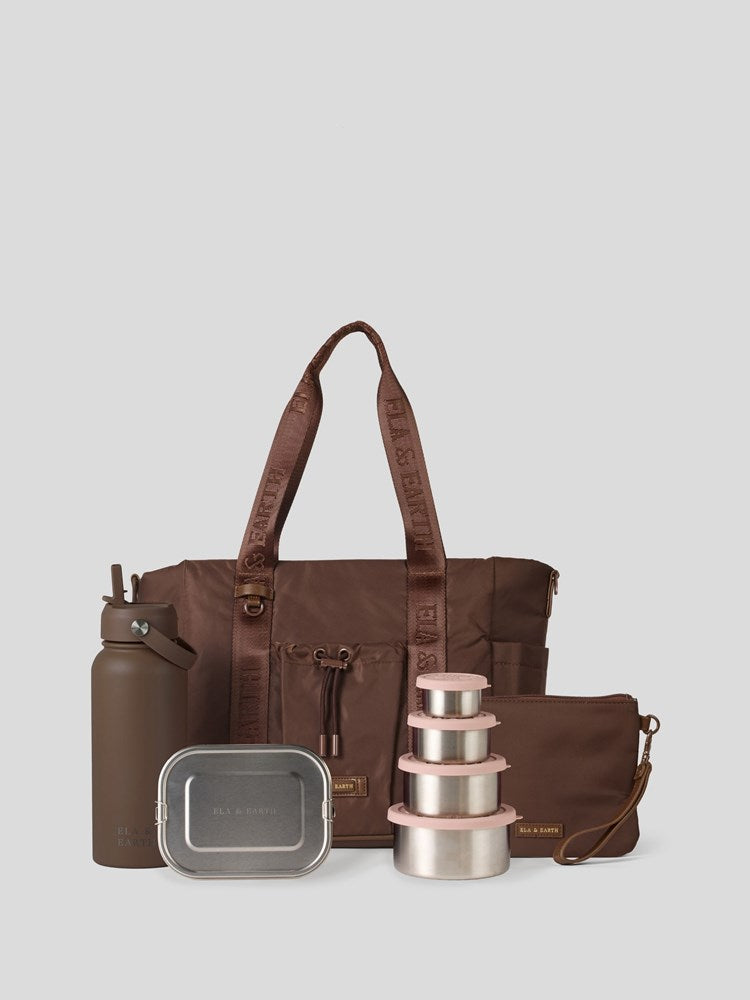 Medium  Cocoa Tote Bag, Cocoa Water Bottle, 800ml bento box, nesting containers and Medium Pouch 