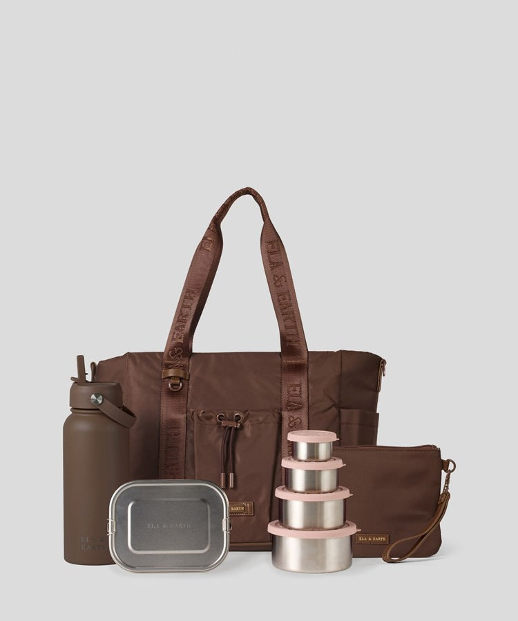 Medium  Cocoa Tote Bag, Cocoa Water Bottle, 800ml bento box, nesting containers and Medium Pouch 