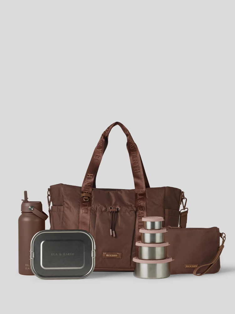 Medium Cocoa Tote Bag, Cocoa Water Bottle, 800ml bento box, nesting containers and Medium Pouch 