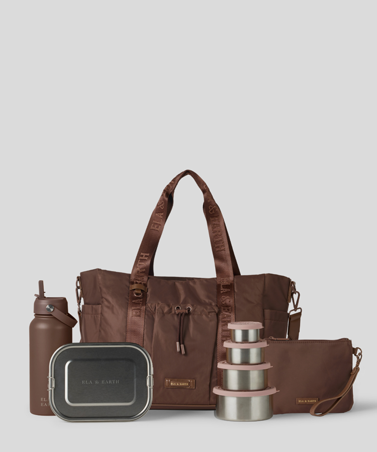 Medium Cocoa Tote Bag, Cocoa Water Bottle, 800ml bento box, nesting containers and Medium Pouch 