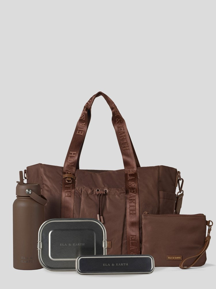 Cocoa Tote Bag, Cocoa Water bottle, 1400ml, Cutlery Set and Medium Pouch. 