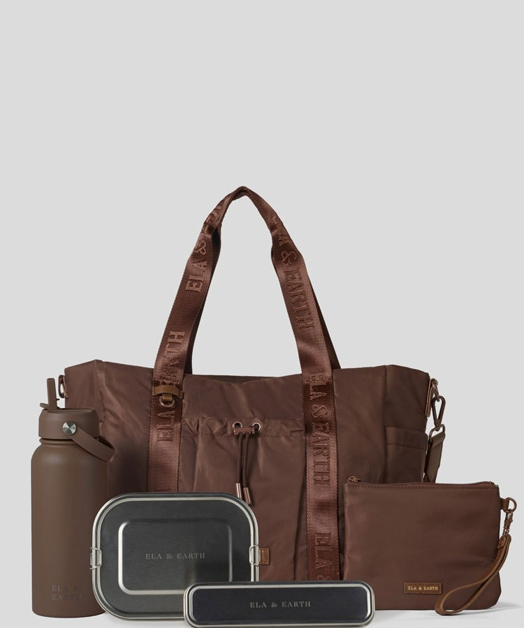 Cocoa Tote Bag, Cocoa Water bottle, 1400ml, Cutlery Set and Medium Pouch. 