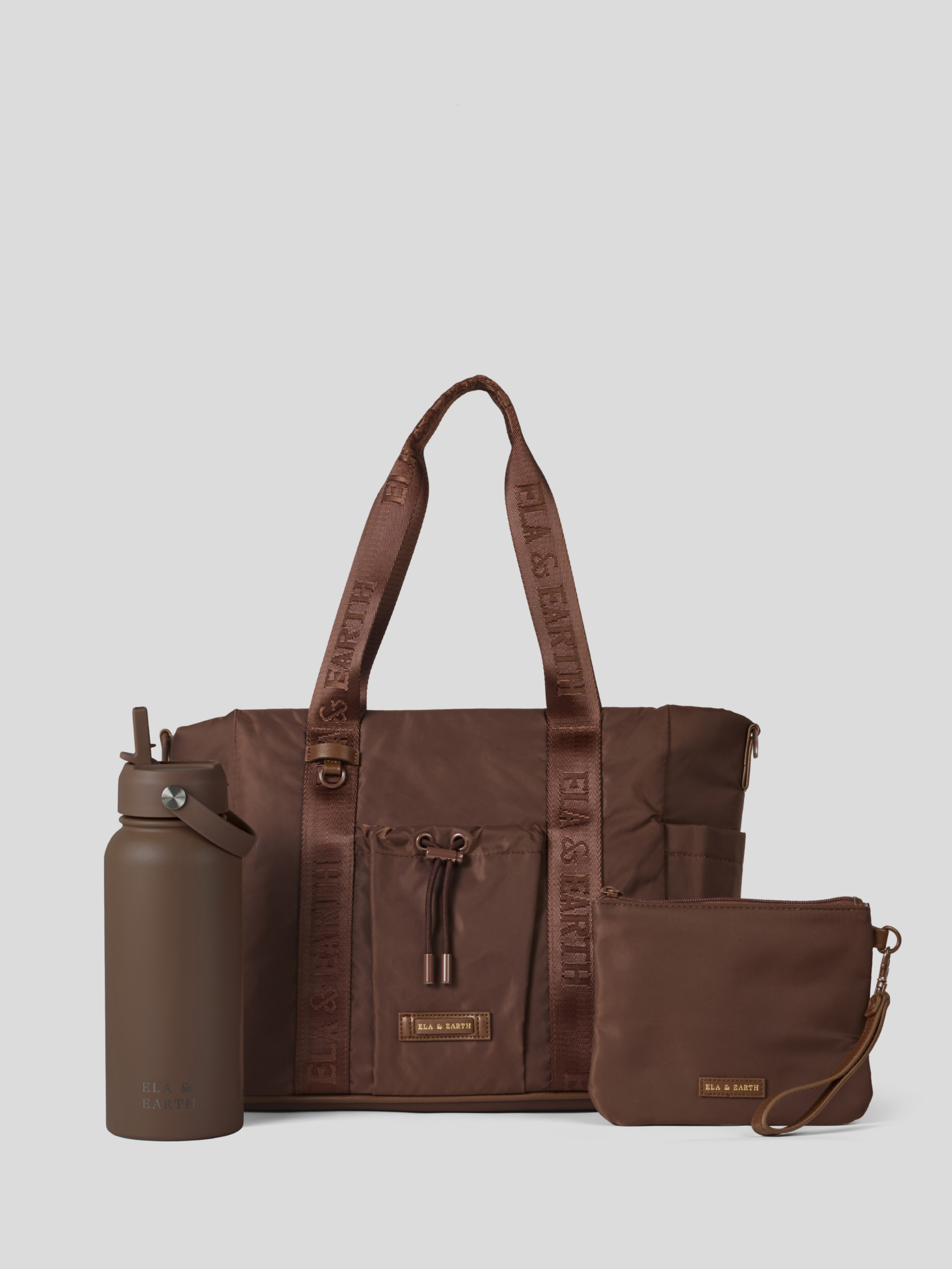 Cocoa Tote Bag, Medium pouch and the Cocoa Water Bottle 