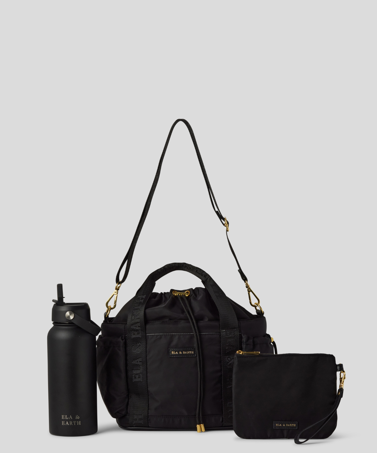 Black Lunch Bucket Bag with Medium pouch and Black Water Bottle. 