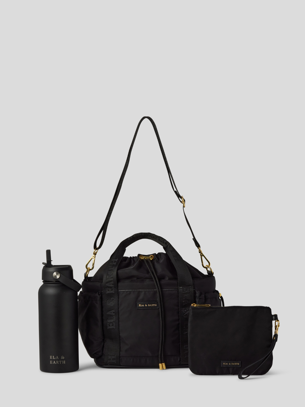 Black Lunch Bucket Bag with Medium pouch and Black Water Bottle. 
