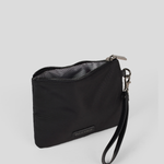 Black medium Pouch with a strap on a light gray background