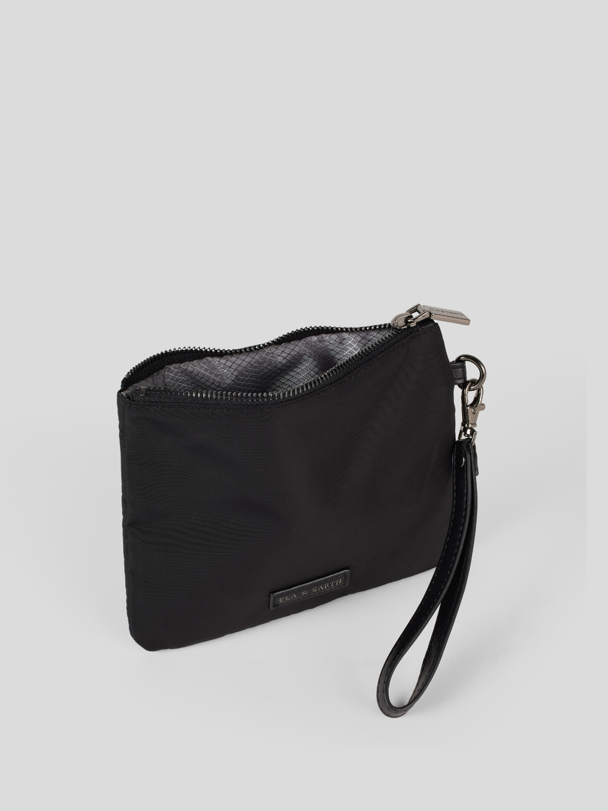 Black medium Pouch with a strap on a light gray background