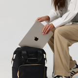 Model Holding the laptop inside the Large Backpack 