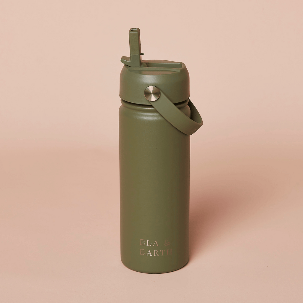 kids insulated water bottle with straw lid - khaki