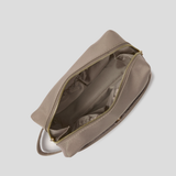 Then Oyster zippered pouch shown from an overhead angle, with its zipper open to reveal a matching interior lining, set against a solid light gray background.
