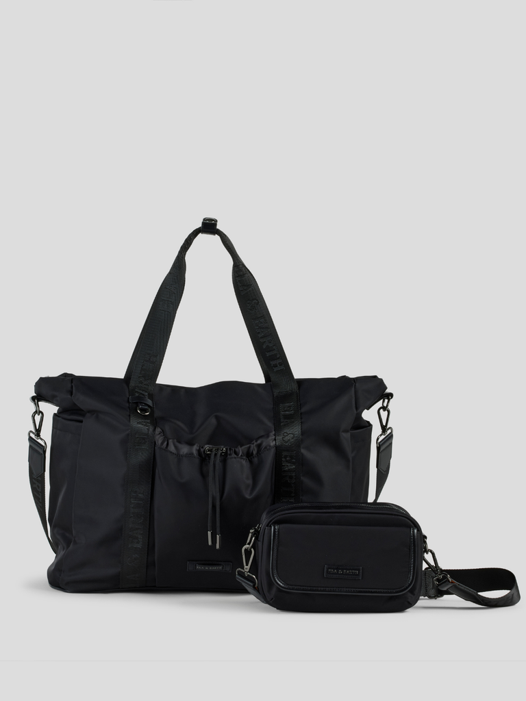 Overnight Tote & Crossbody Bag Set - Black With Gunmetal 