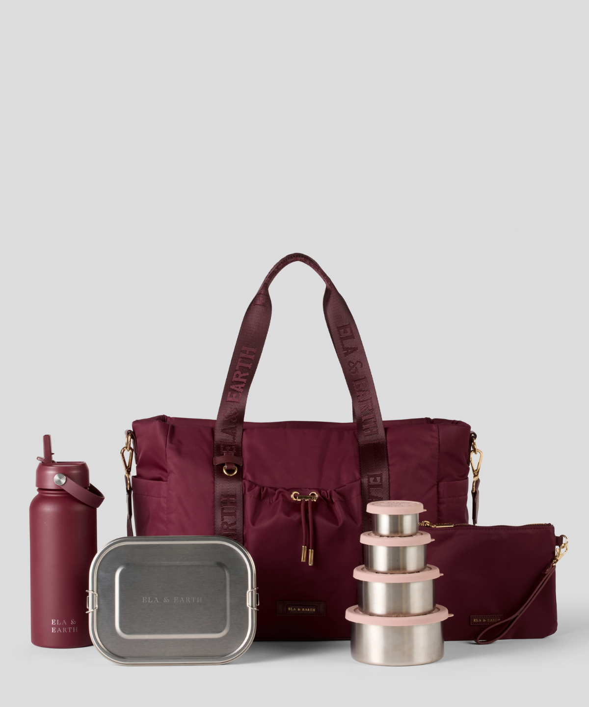 Shiraz Tote Bag, Black Water Bottle, 1400ml lunch box, Dusty Pink Nesting Container and Medium Pouch 