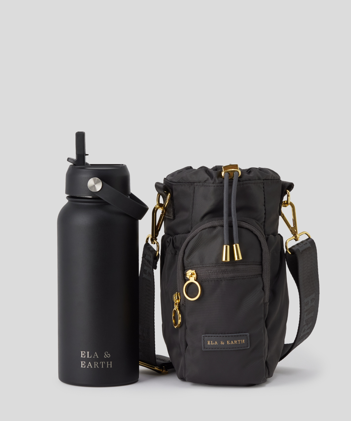 Black Water Bottle and charcoal Water Bottle Bag 