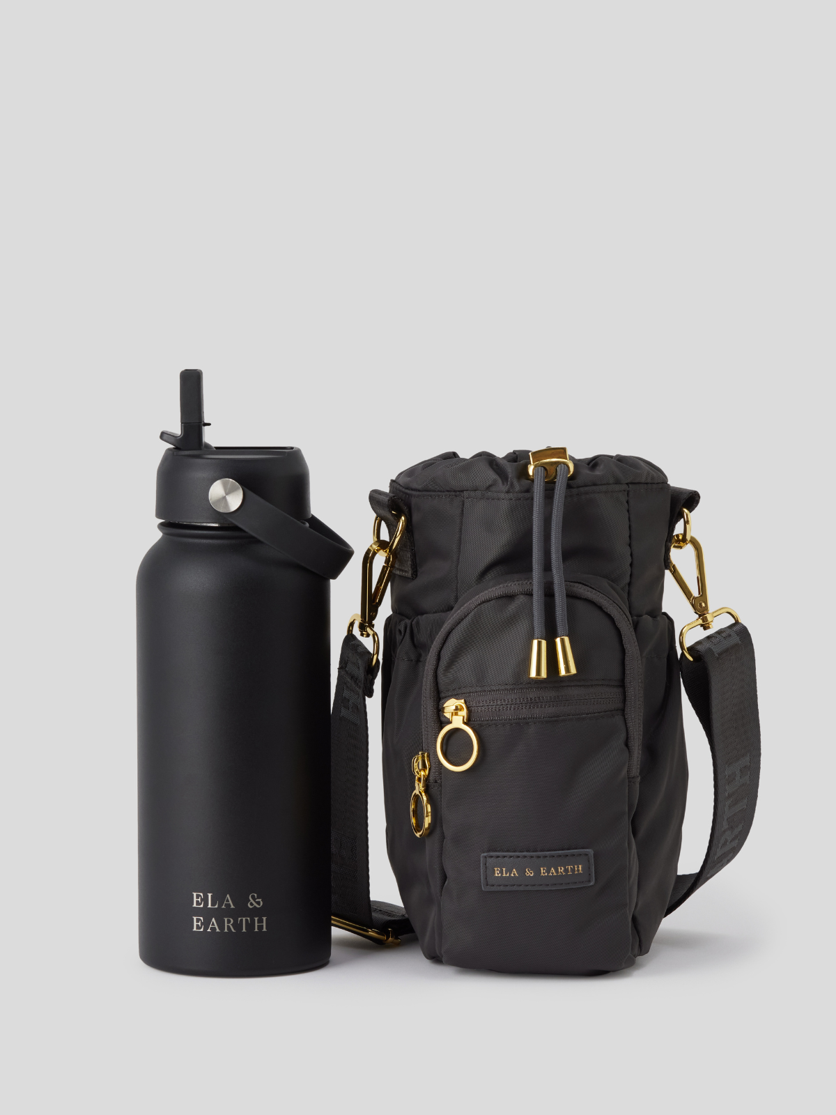 Black Water Bottle and charcoal Water Bottle Bag 