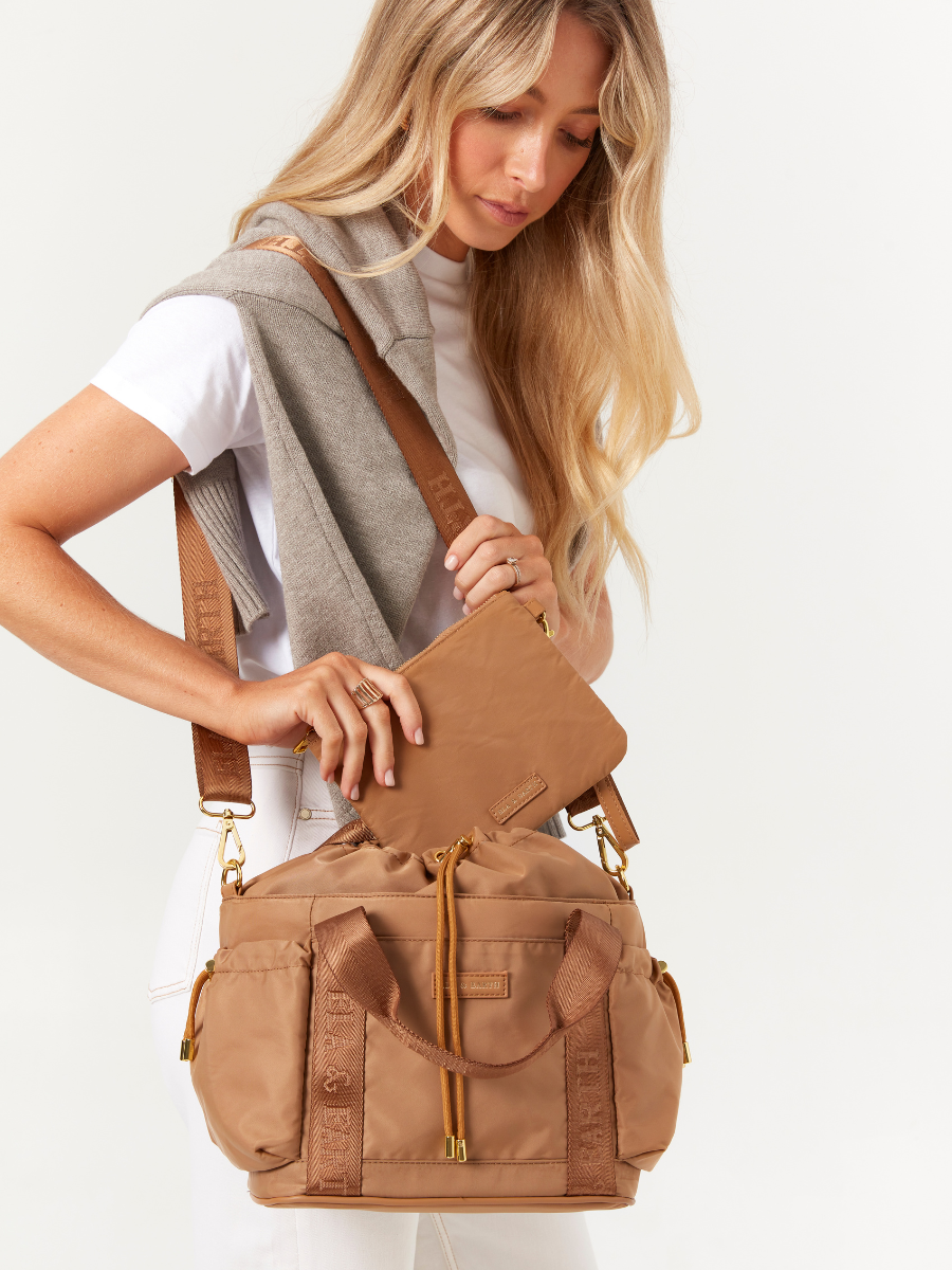 tan handbag with pouch