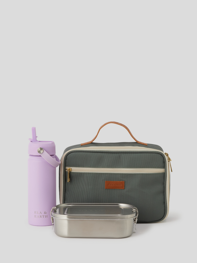 Green kids lunch bag - purple